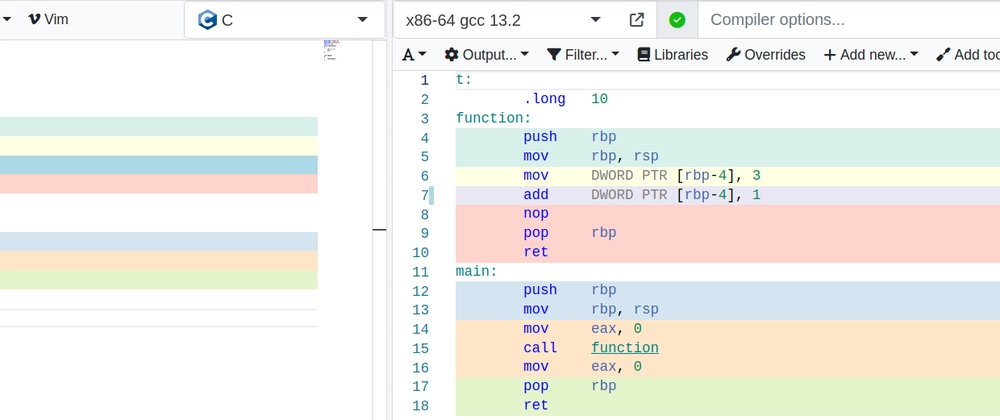 Disassembly of main and function showing the function prologue